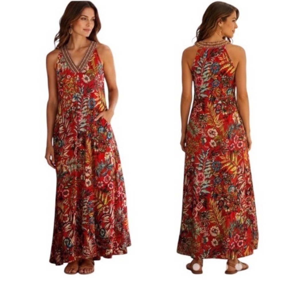 Soft Surroundings Onani Dress Womens Medium Red Floral New Maxi Embroidered Trim